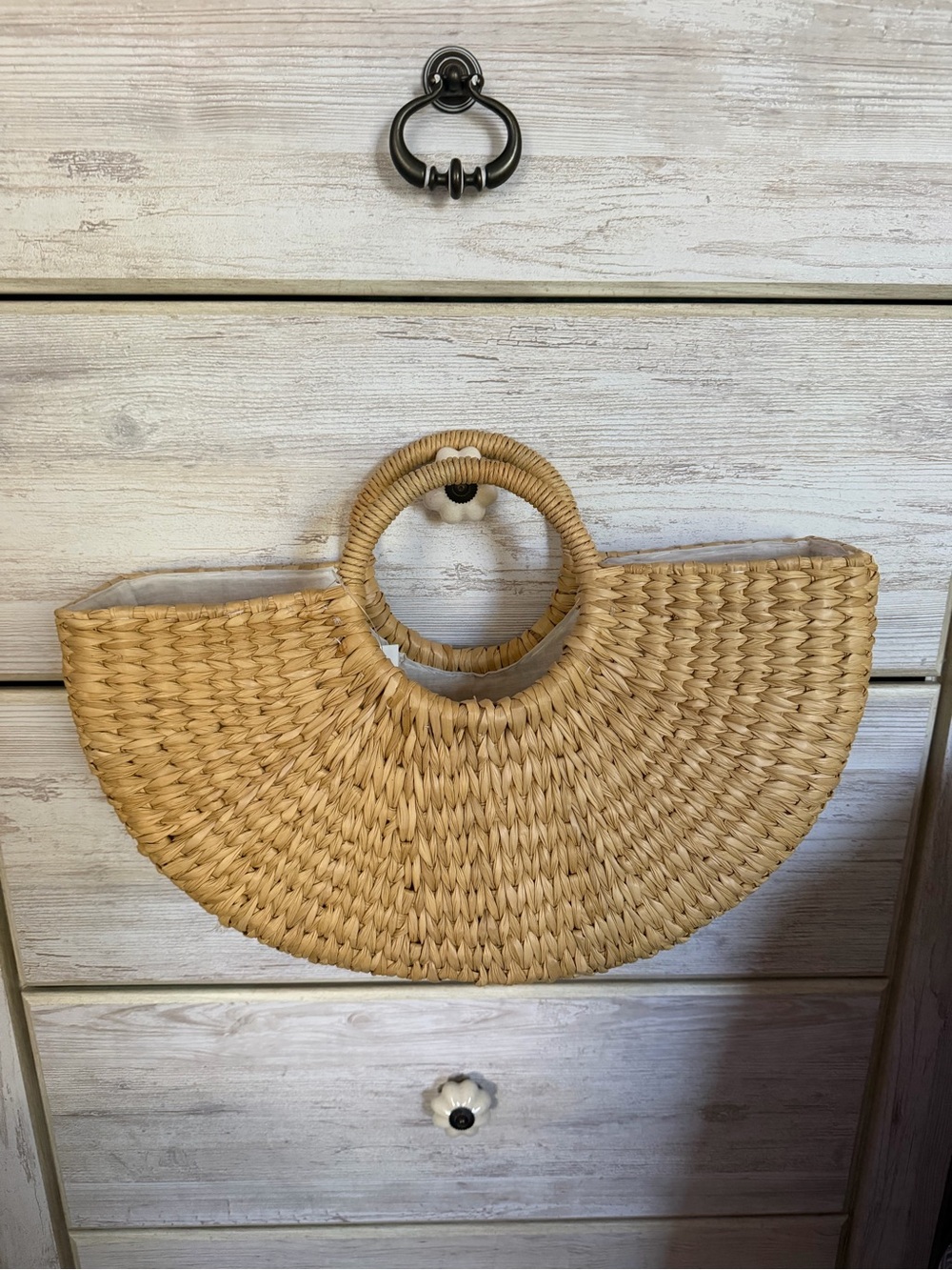 Woven Half-Moon Straw Tote in Tan